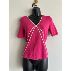 Vintage 90s Silk Blend Pink Knit Short Sleeve Top | Contrast Trim V-Neck